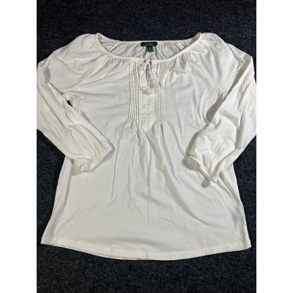 Lauren Ralph Lauren White Cotton Peasant Blouse Boho Pintuck Tassel Top M